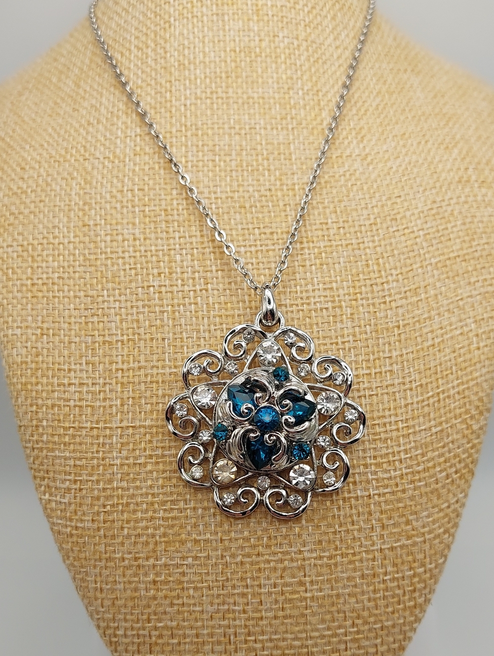 Silvertone Vintage Domed Filigree Pendant Necklace with Blue & Clear Rhinestones